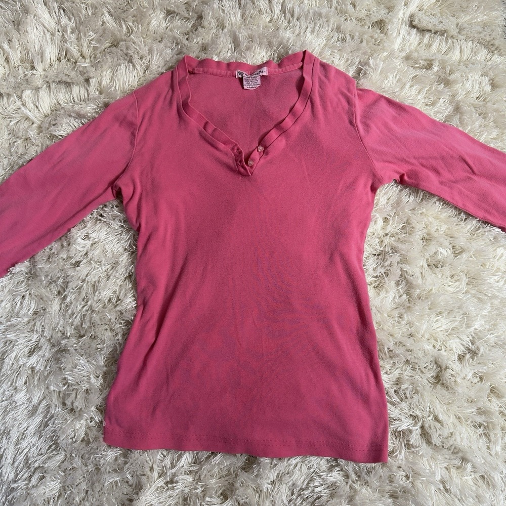 Y2K He Loves Me Hot Pink Thermal Long Sleeve Heart Button Henley Top Bella L